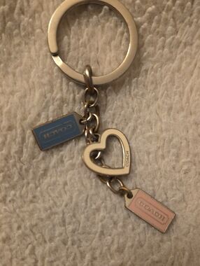 Auth Coach Silver-Tone Heart Keychain with Blue and Pink Enamel Tags